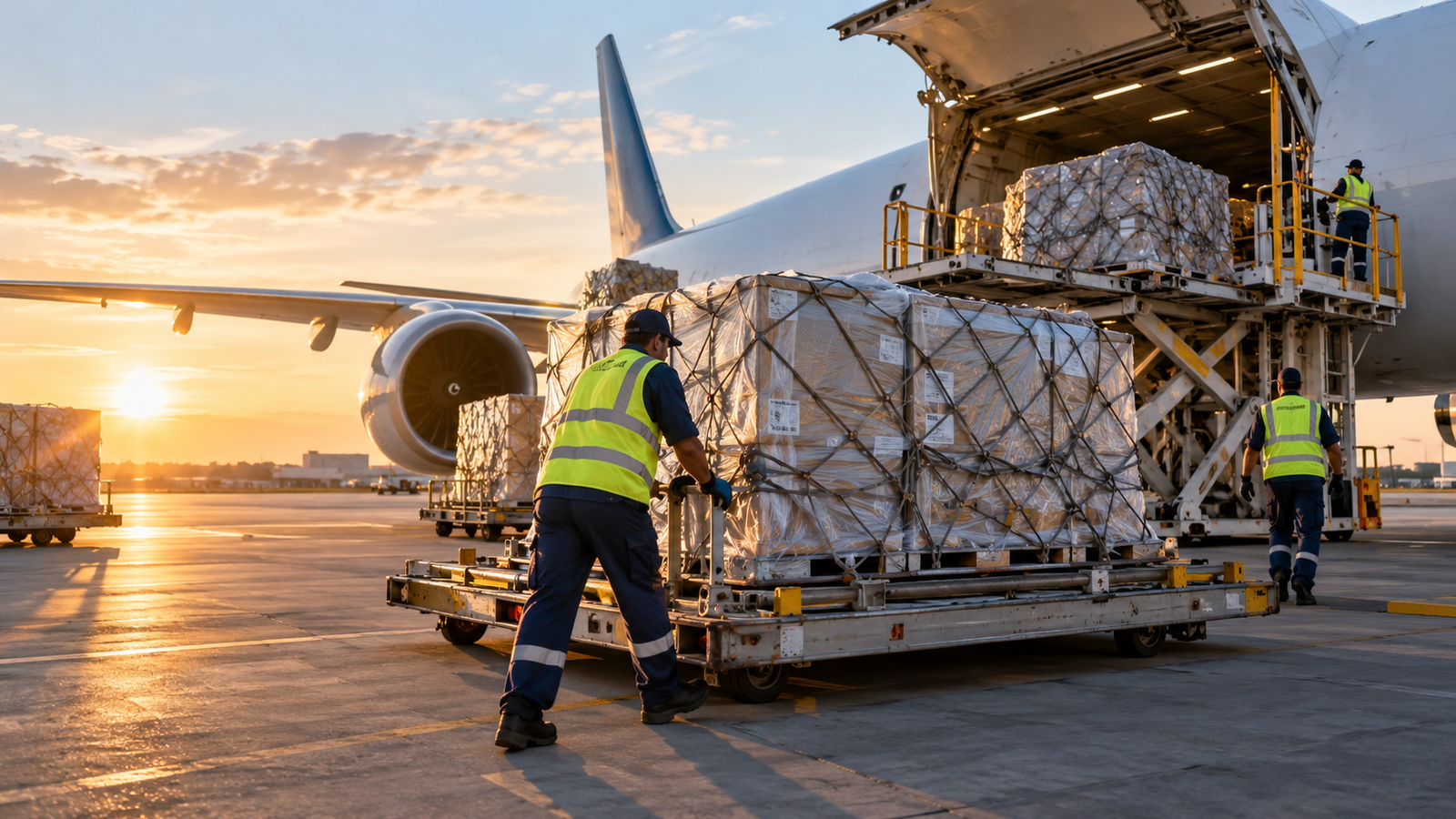 Illustration of air cargo being prepared for international freight