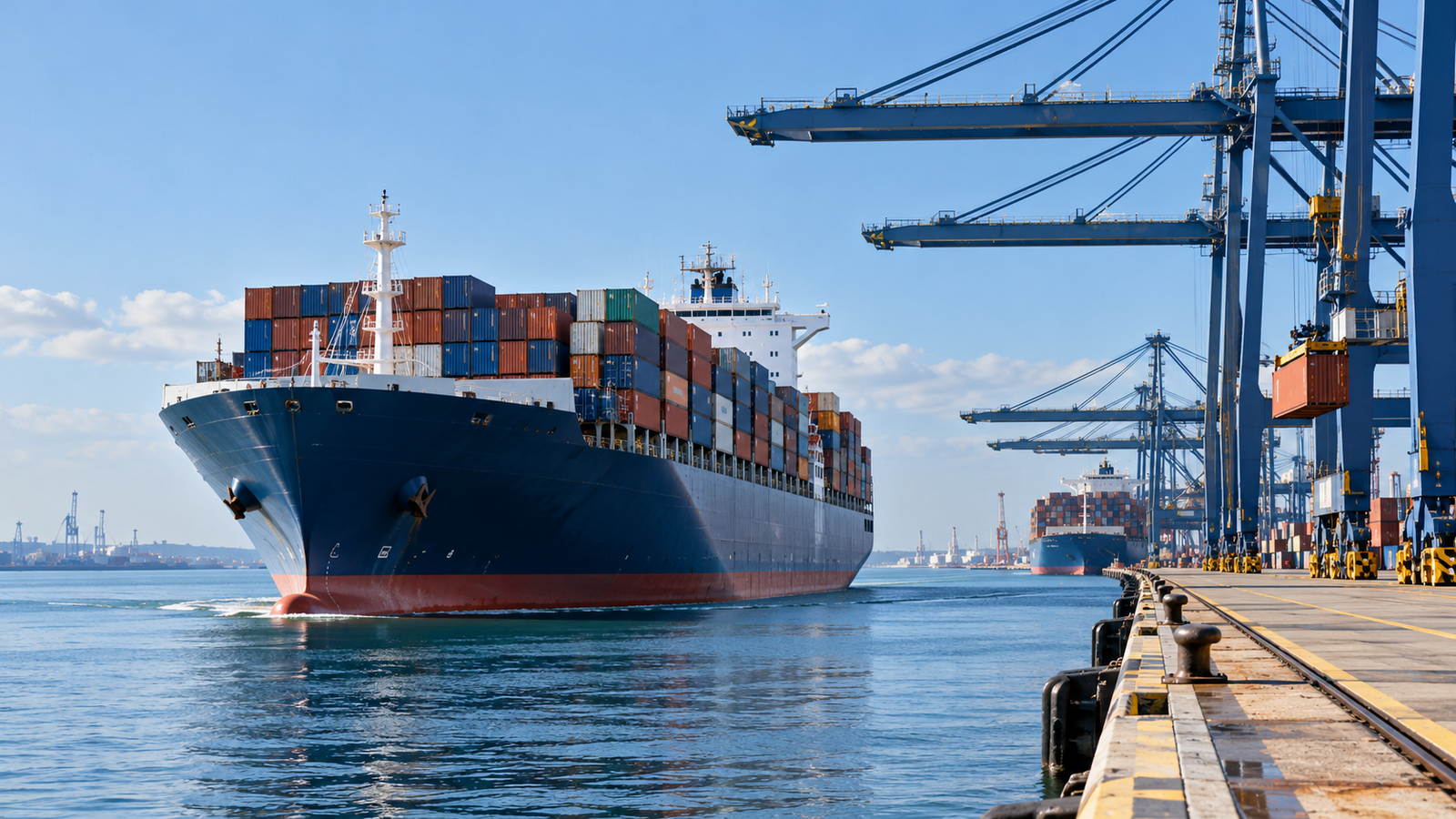 Illustration of container freight arriving at a port